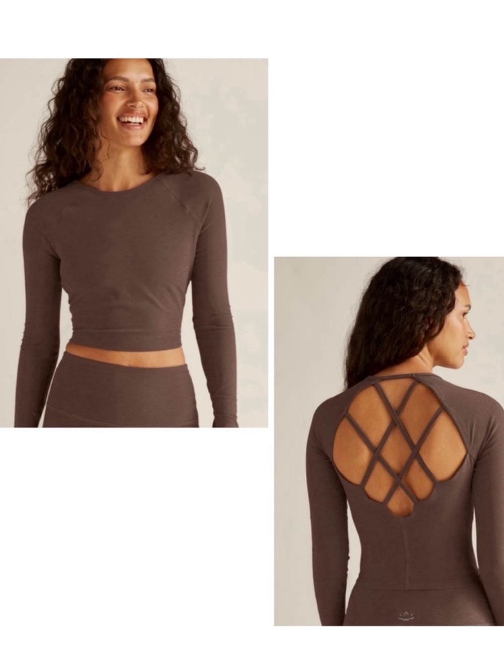Beyond Yoga Brown Long Sleeve Open Lattice Back Crop Top